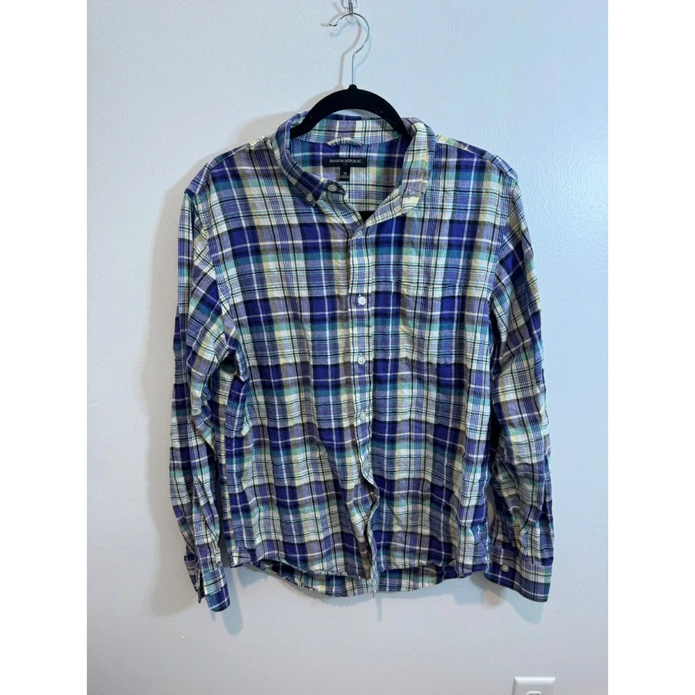 Banana Republic Mens Plaid Button Down Shirt Blue Green Long Sleeve Size M